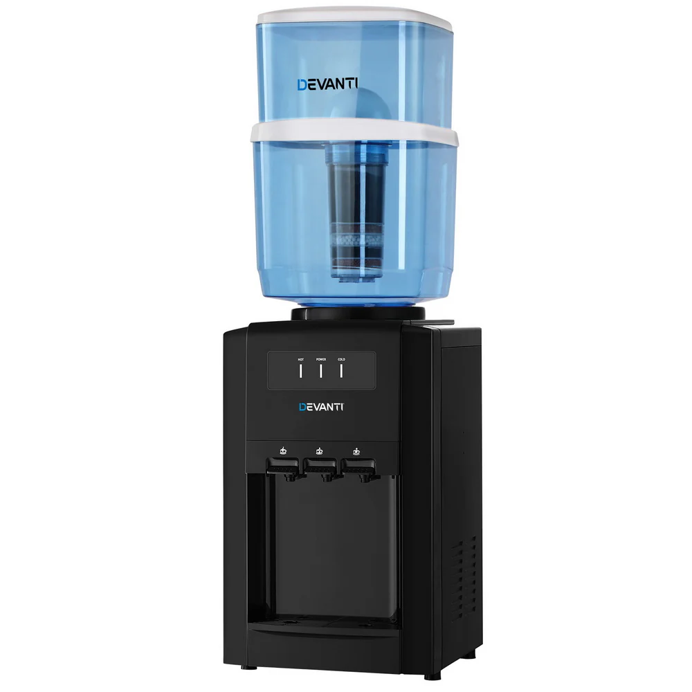22L Devanti Water Cooler Dispenser Bench Top 3 Taps Chiller Filter Purifier Three Taps Black