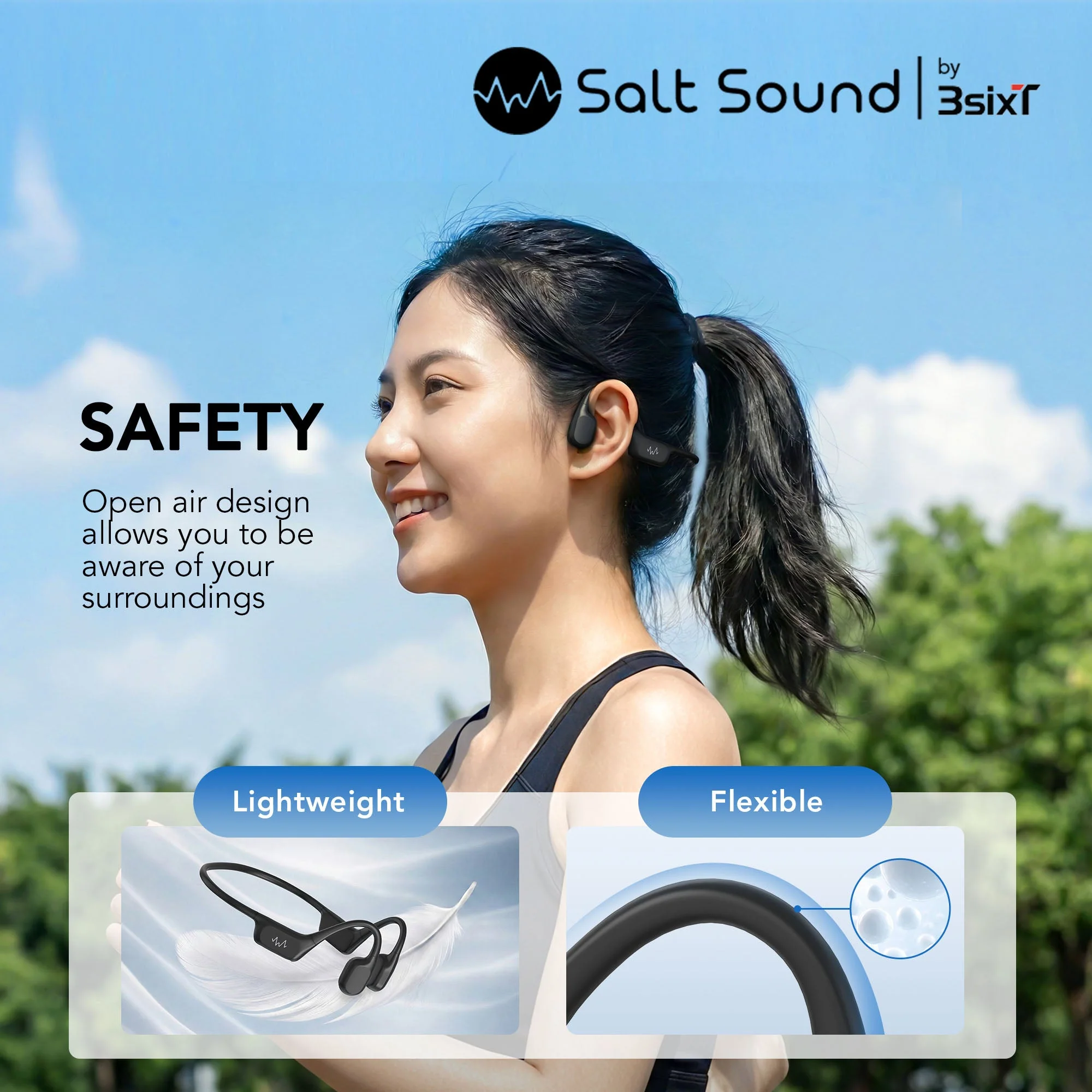 3sixt Salt Sound EASE Gen1 Bone Conduction Sports Headphones (Black) - Image 2