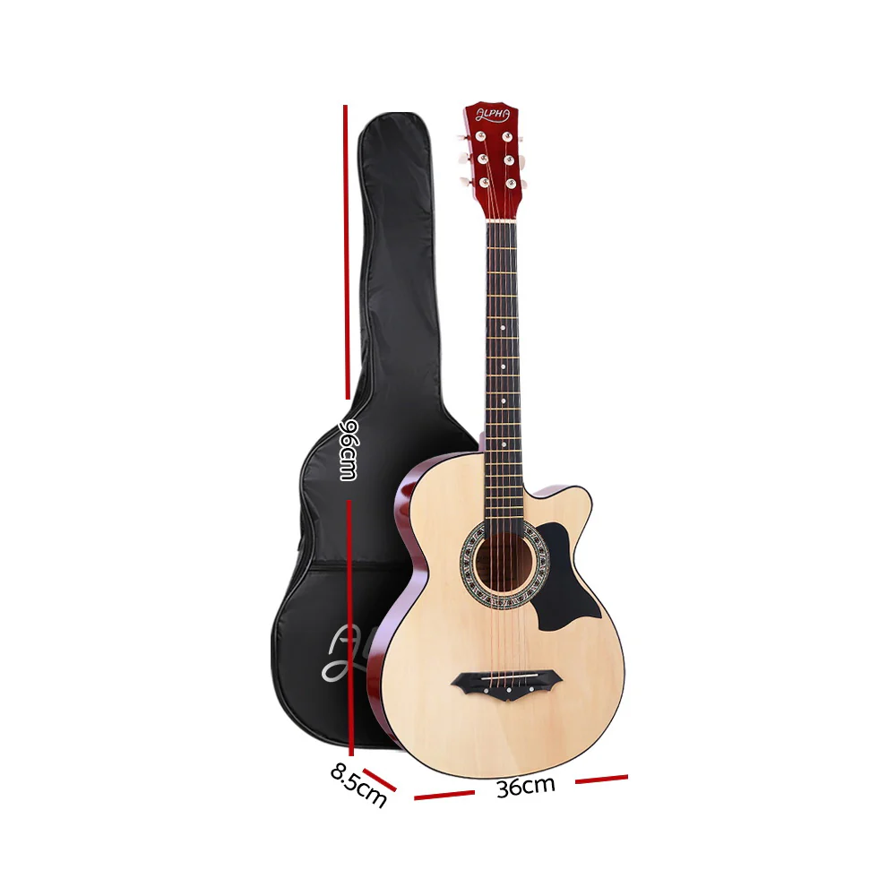 Alpha 38" Acoustic Guitar Wooden Body Steel String Full Size Cutaway (Wood) - Image 2
