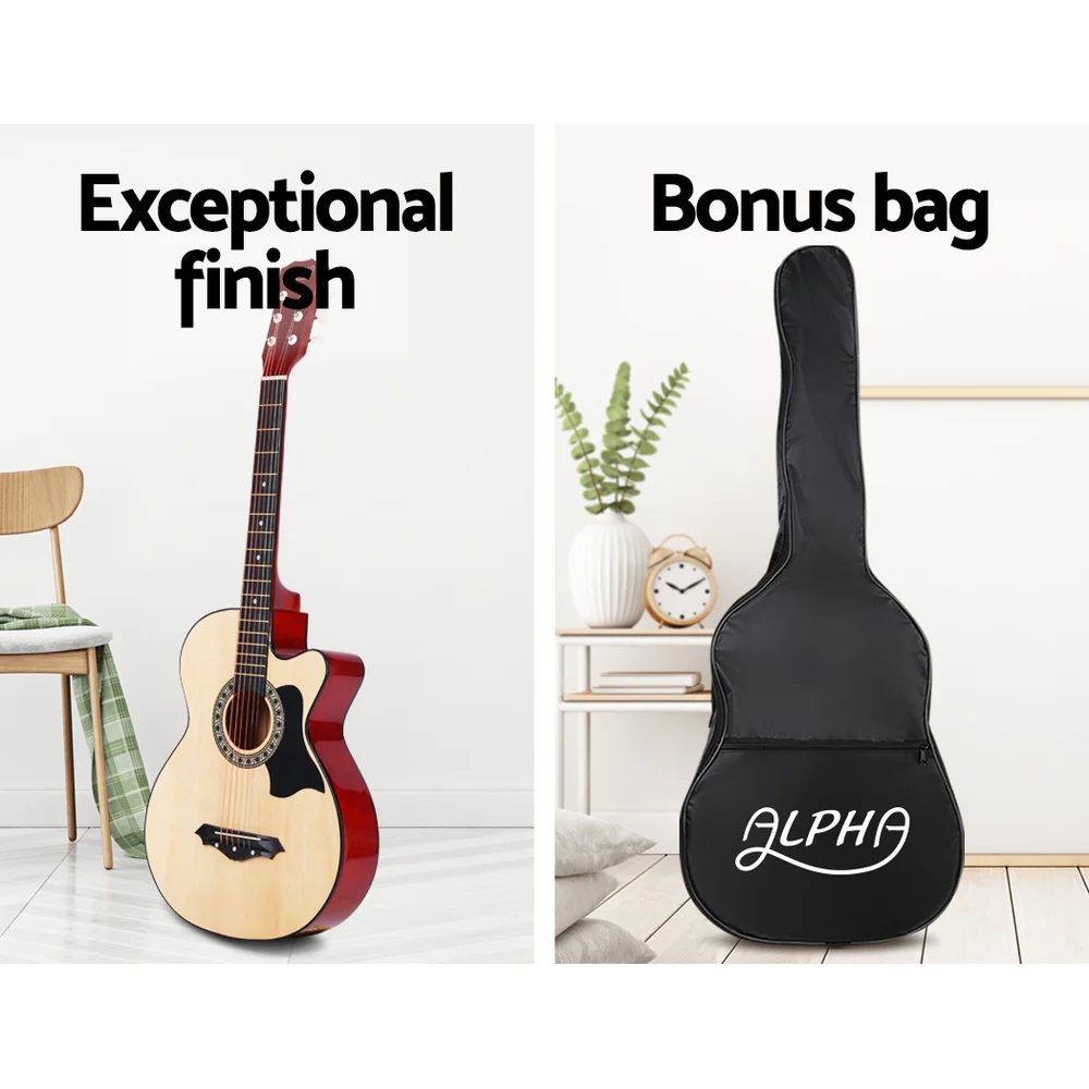 Alpha 38" Acoustic Guitar Wooden Body Steel String Full Size Cutaway (Wood) - Image 4