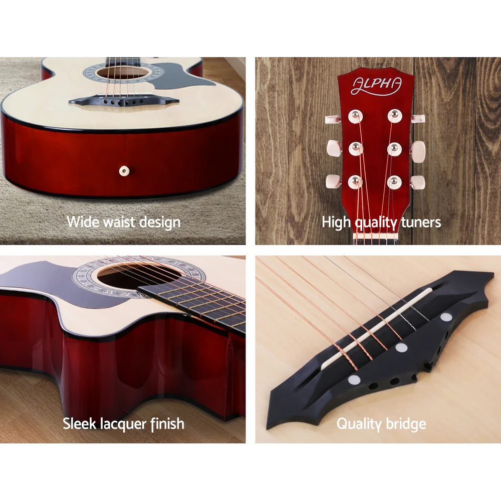 Alpha 38" Acoustic Guitar Wooden Body Steel String Full Size Cutaway (Wood) - Image 6