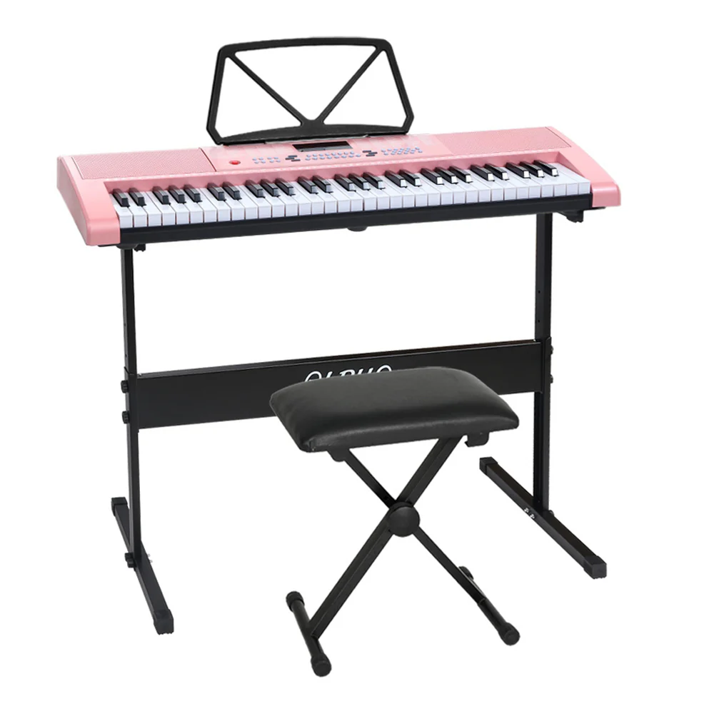 Alpha 61 Keys Electronic Piano Keyboard Digital Electric with Stand Stool (Pink)