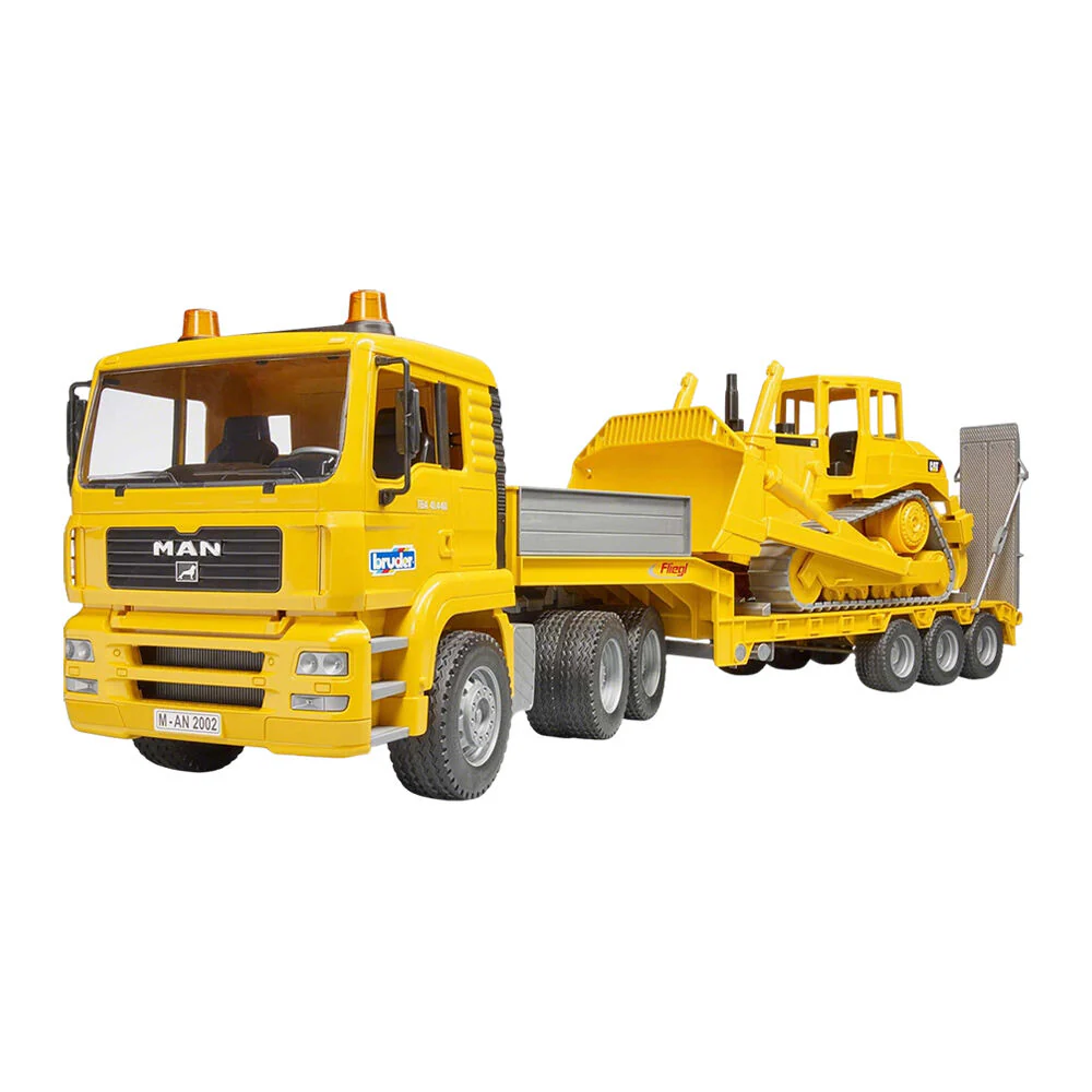 Bruder 1:16 Commercial MAN TGA Low Loader Truck With CAT Bulldozer Yellow Model - Image 2