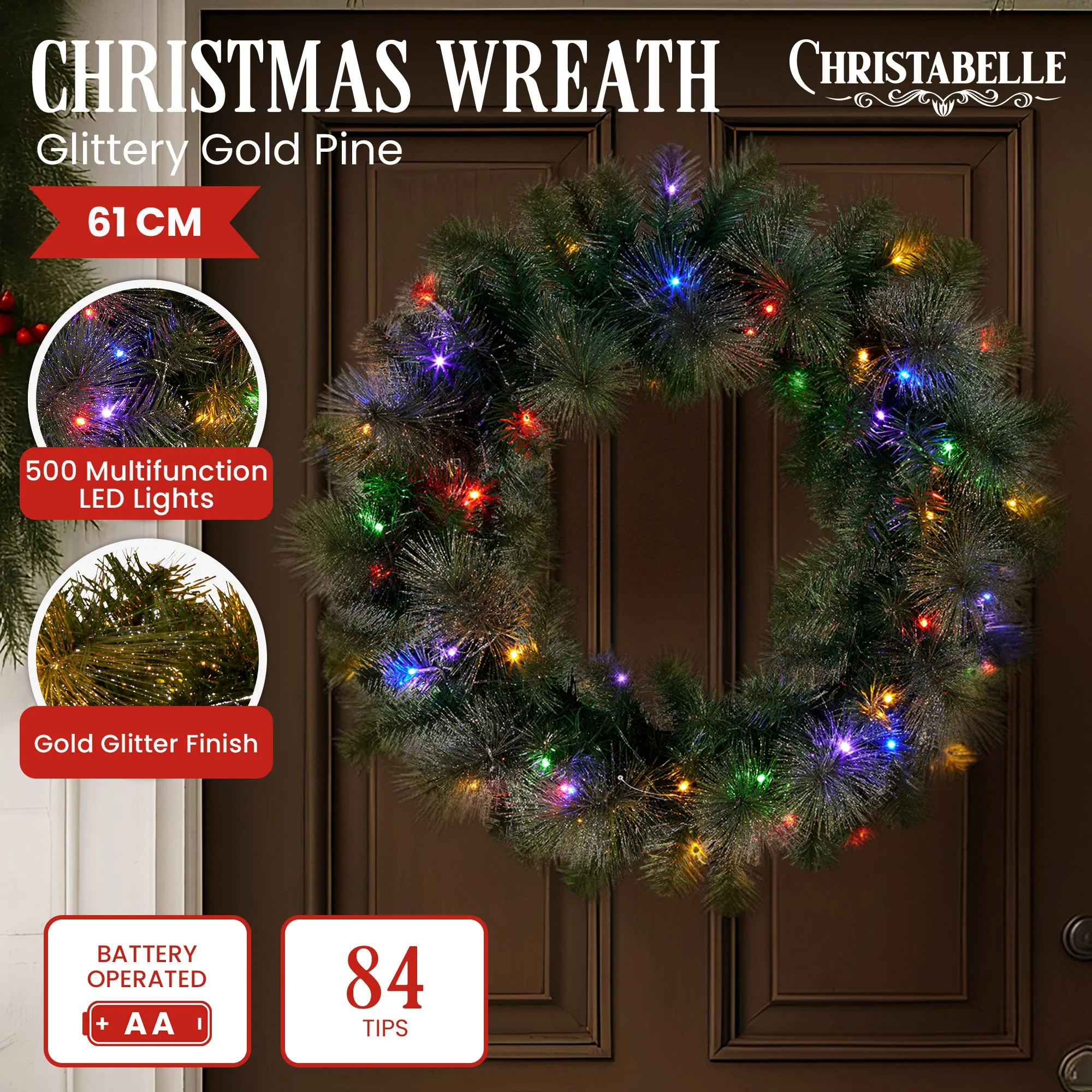 Christabelle 61cm Christmas Wreath LED Lights Glittery Gold Pine Front Door Decoration Ornament - Image 7