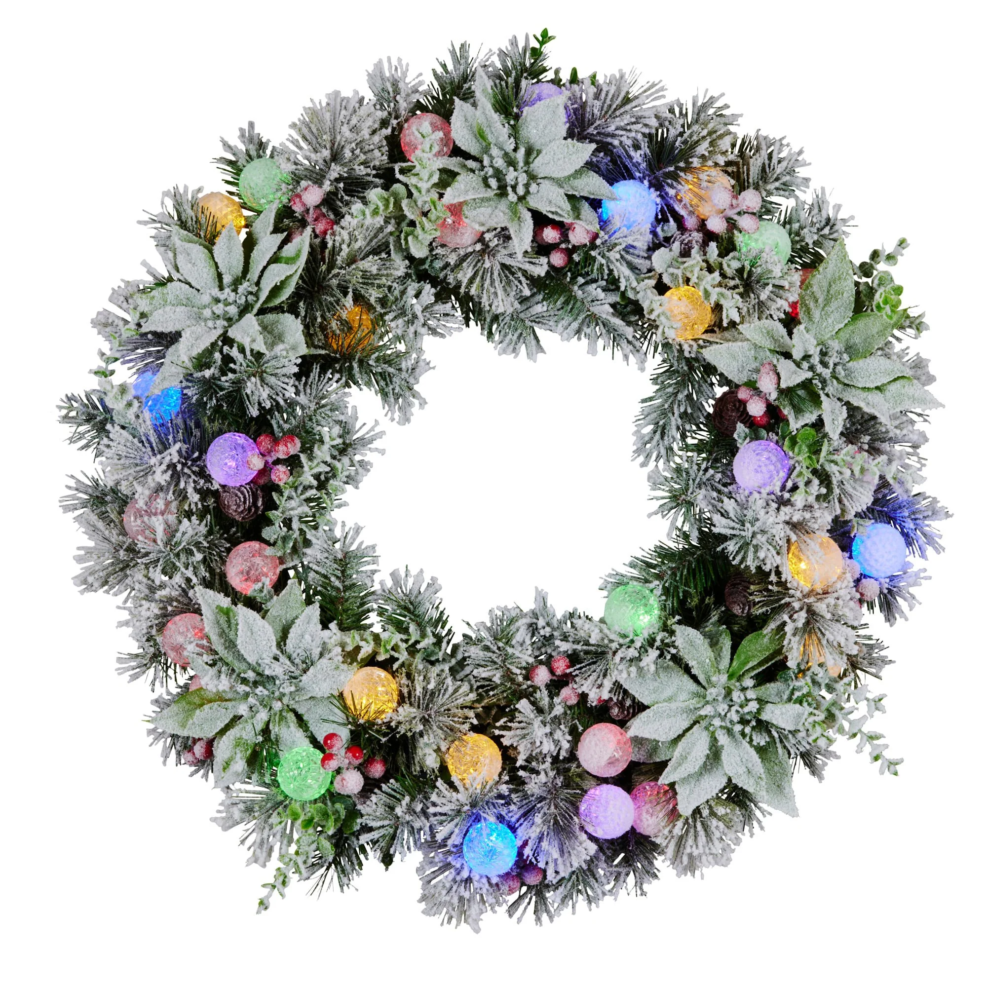Christabelle Stunning 61cm Snowy Christmas Wreath with LED Lights Crown Pine Baubles Front Door Decoration Ornament