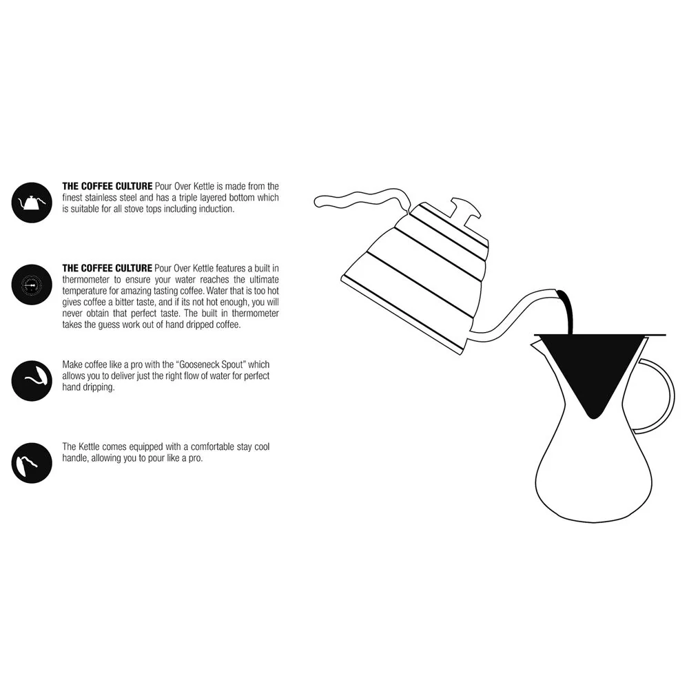 Coffee Culture Stainless Steel 1.2L Goose Neck Kettle with Thermometer (Silver) - Image 2