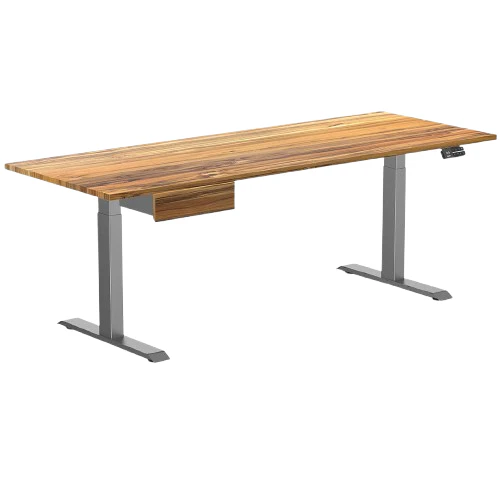 Desky Dual Hardwood Standing Desk With Drawer 200cm Teak Desktop and Space Grey Frame