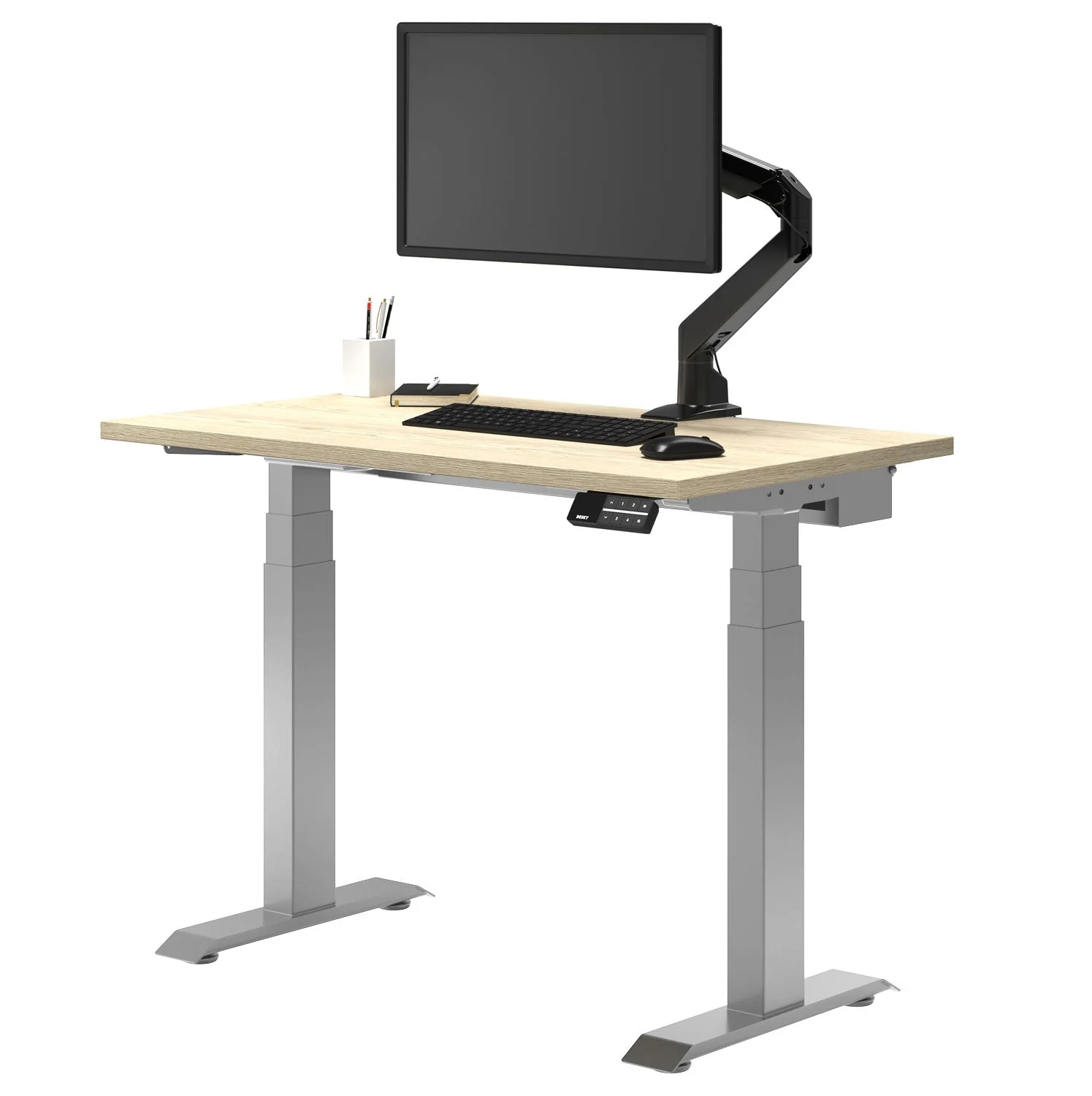 Desky Dual Mini Sit Stand Desk 1000x600 Classic Oak Desktop and Grey Frame