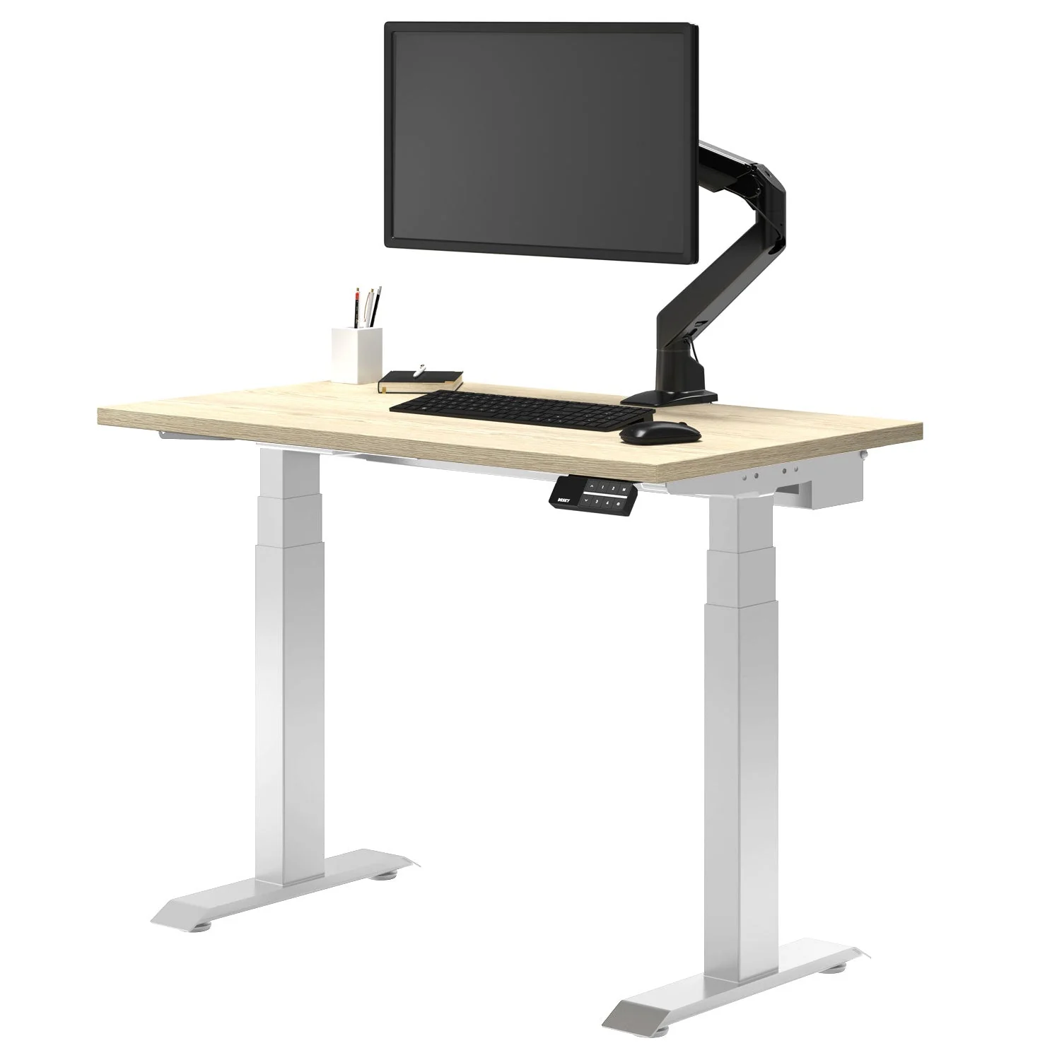Desky Dual Mini Sit Stand Desk 1000x600 Classic Oak Desktop and White Frame