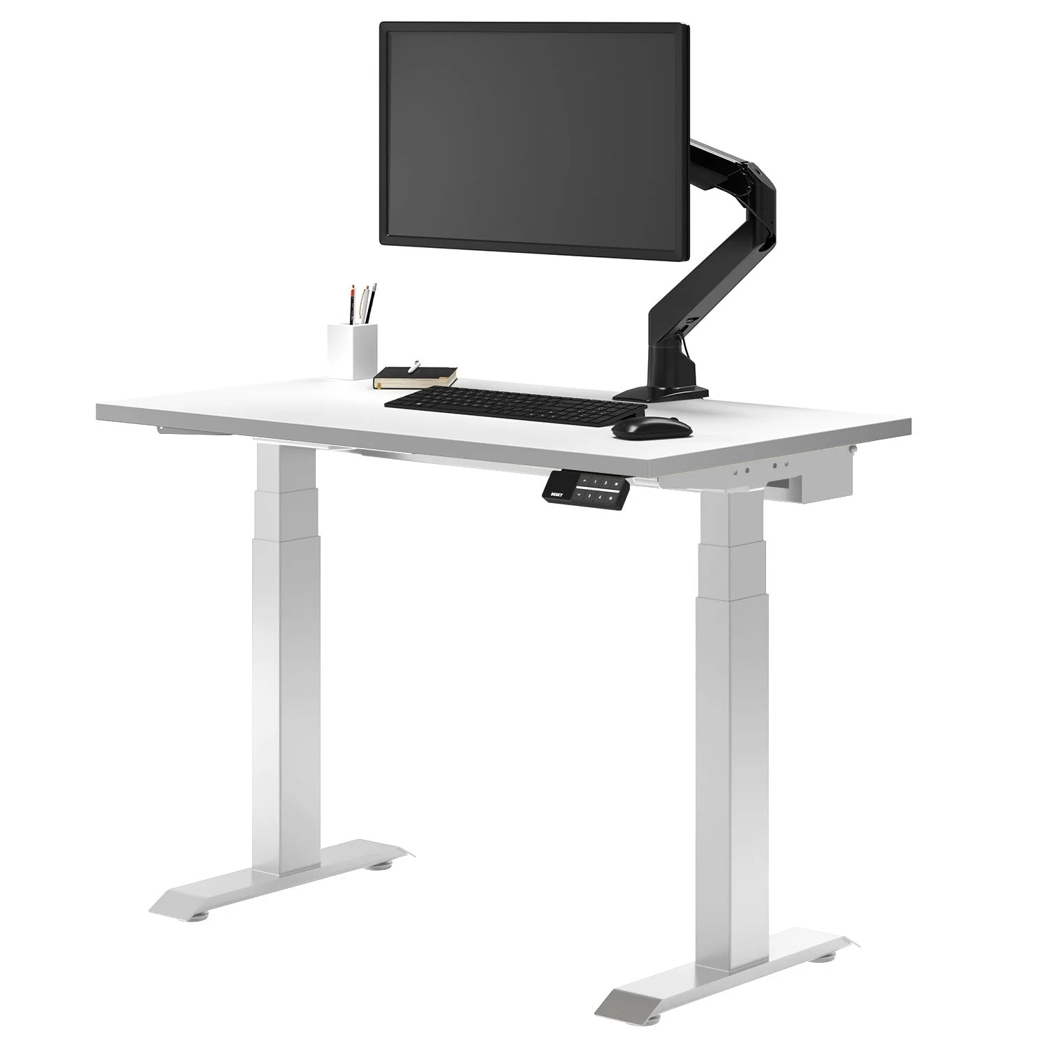 Desky Dual Mini Sit Stand Desk 900x500 White Desktop and White Frame
