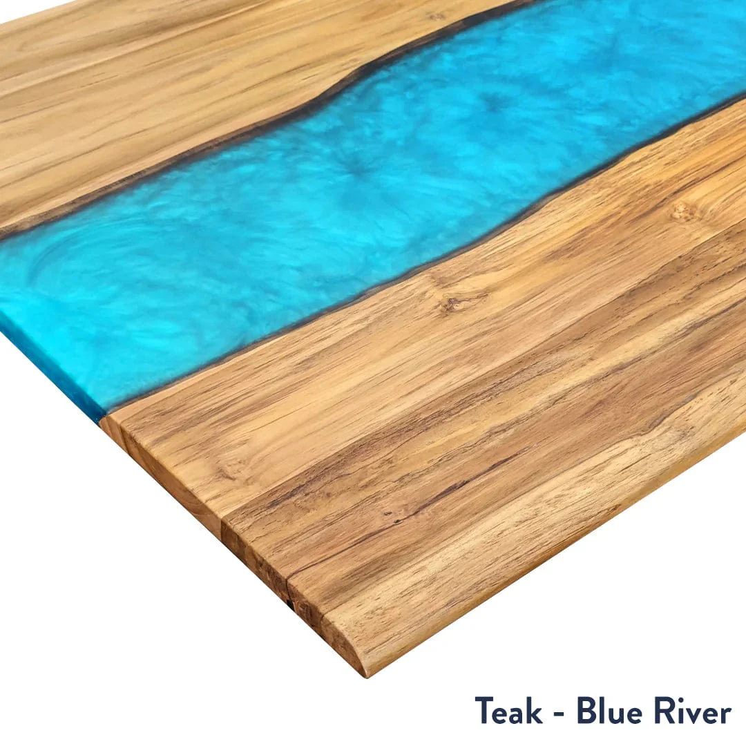Desky Dual Resin Hardwood Sit Stand Desk 150cm Teak Blue River Desktop and Grey Frame - Image 2