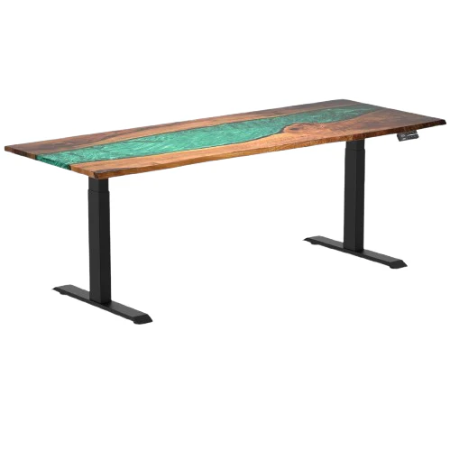 Desky Dual Resin Hardwood Sit Stand Desk 200cm Natural Walnut Emerald River Desktop and Matte Black Frame