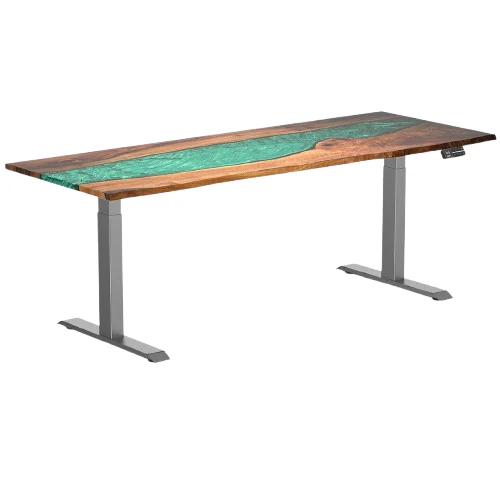 Desky Dual Resin Hardwood Sit Stand Desk 200cm Natural Walnut Emerald River Desktop and Space Grey Frame