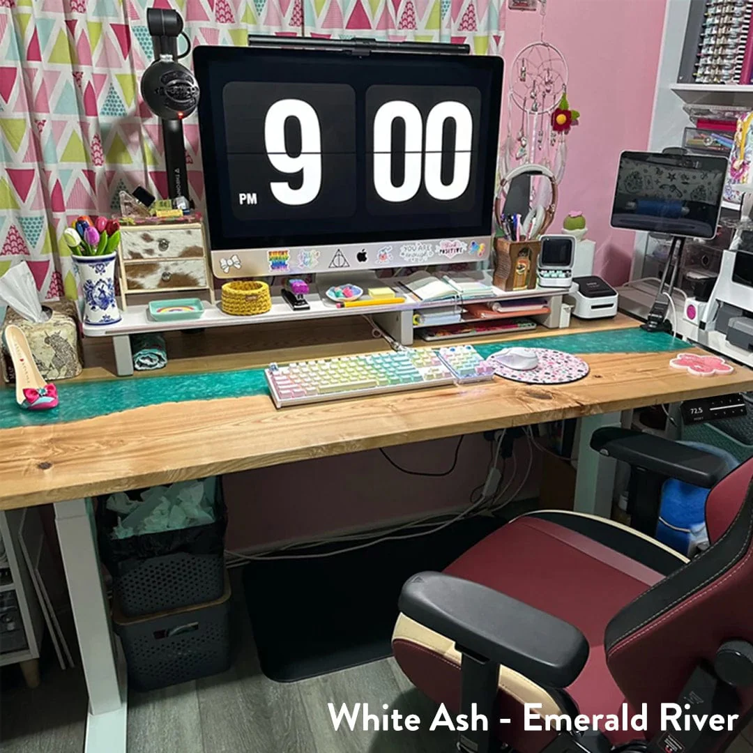 Desky Dual Resin Hardwood Sit Stand Desk 200cm Natural Walnut Emerald River Desktop and White Frame - Image 3