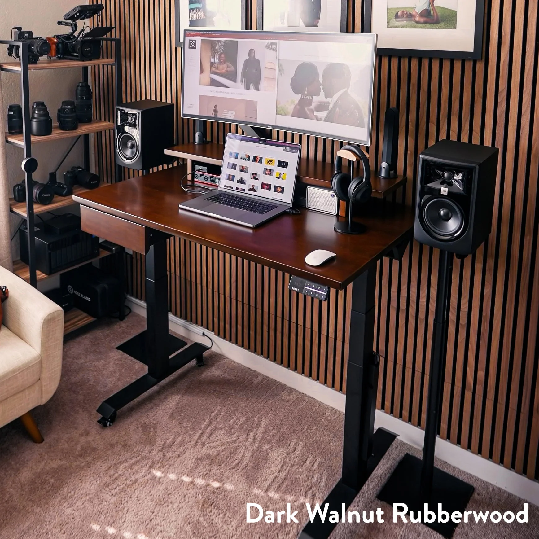 Desky Dual Rubberwood Sit Stand Desk 200cm Dark Walnut Desktop and Matte Black Frame - Image 2