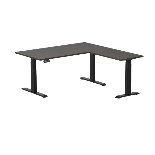 Desky Eco L-Shape Melamine Sit Stand Desk 150 x 155 cm Burnished Wood Top and Matte Black Leg