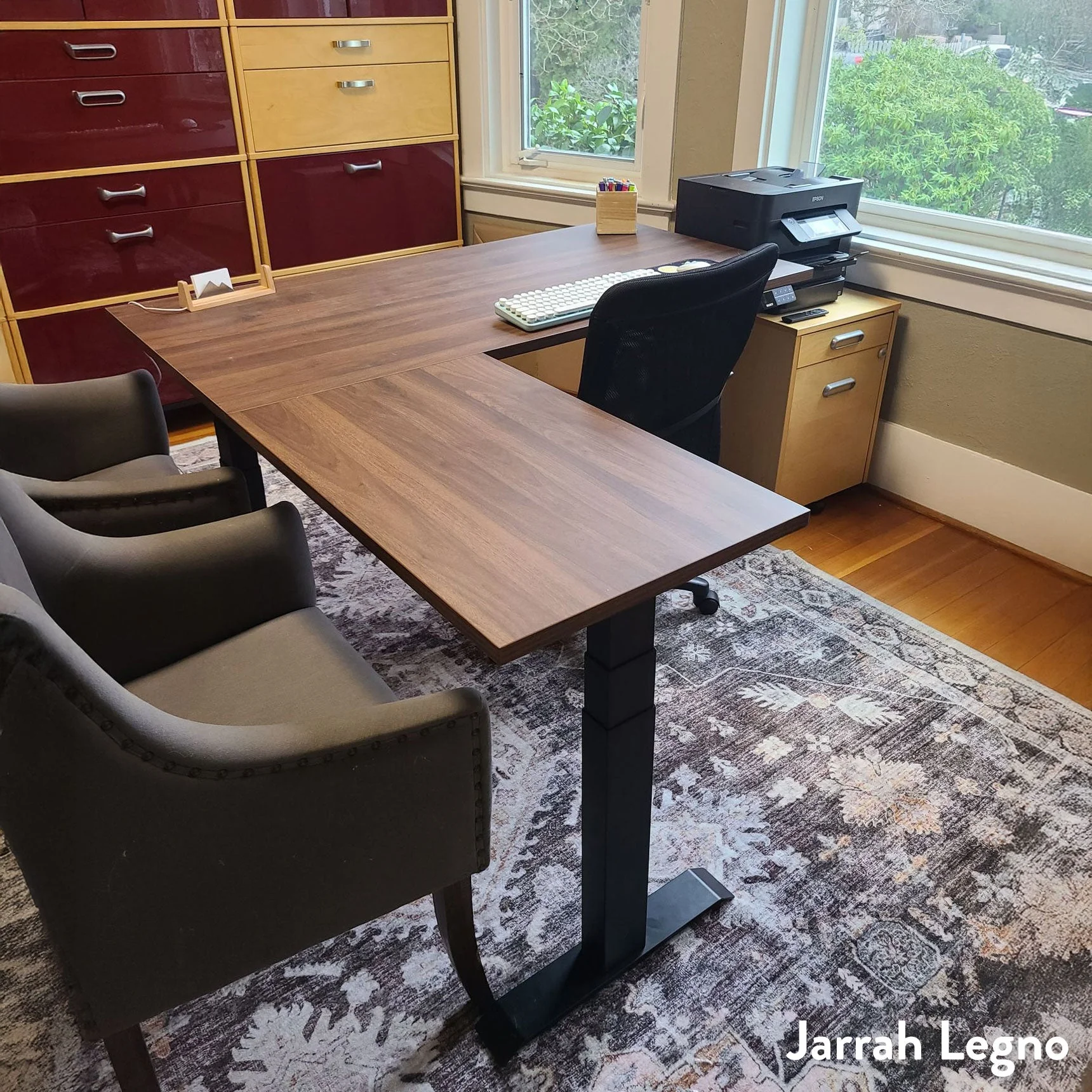 Desky Eco L-Shape Melamine Sit Stand Desk 150 x 155 cm Burnished Wood Top and Matte Black Leg - Image 2