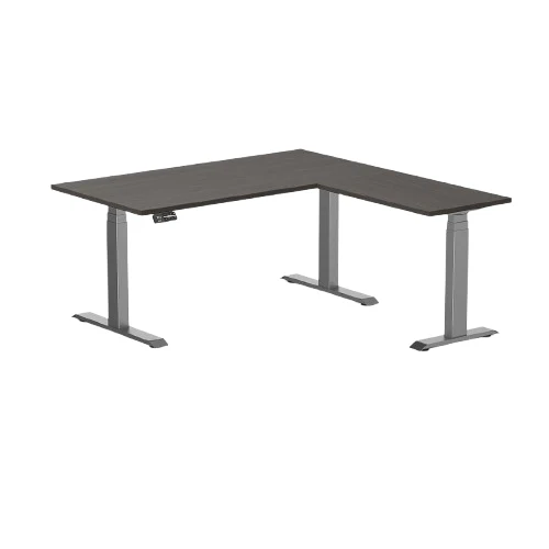 Desky Eco L-Shape Melamine Sit Stand Desk 150 x 155 cm Burnished Wood Top and Space Grey Leg