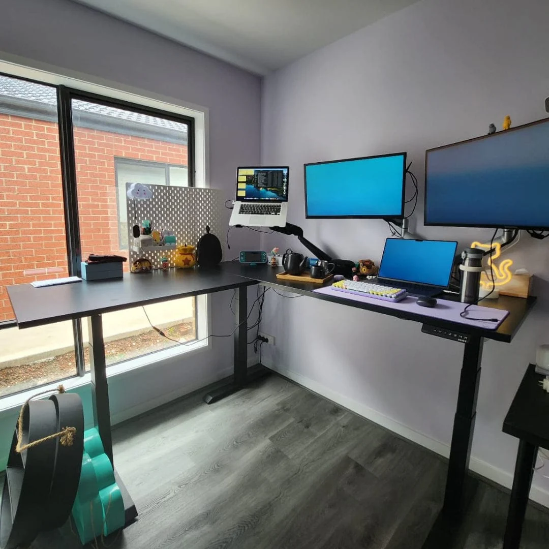 Desky Eco L-Shape Melamine Sit Stand Desk 150 x 155 cm Burnished Wood Top and Space Grey Leg - Image 2