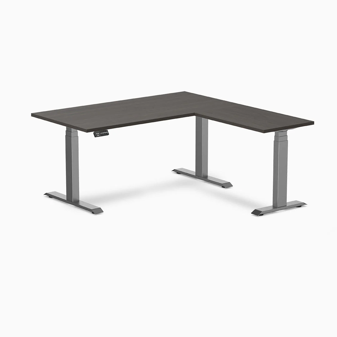 Desky Eco L-Shape Melamine Sit Stand Desk 150 x 155 cm Burnished Wood Top and Space Grey Leg - Image 3