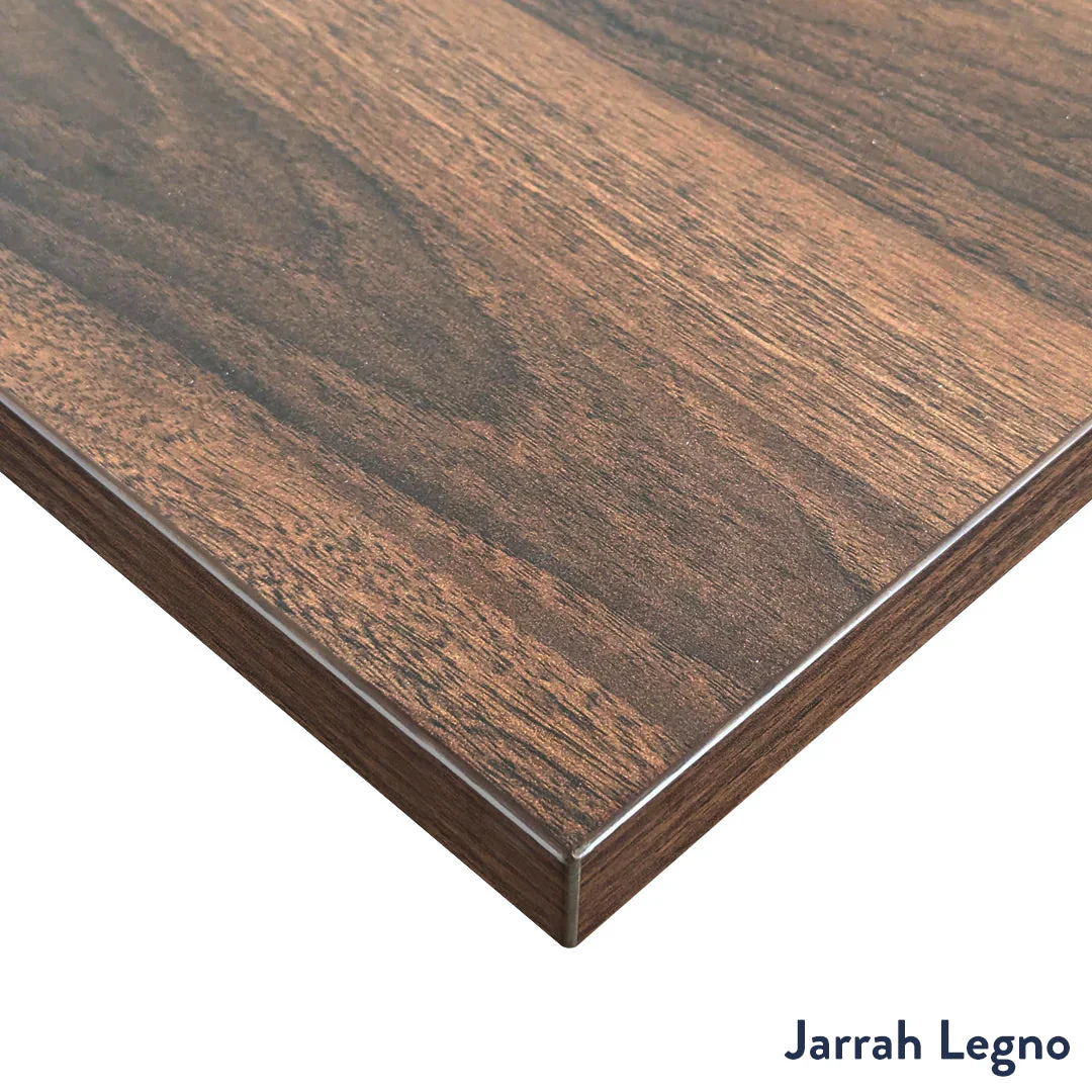 Desky Eco L-Shape Melamine Sit Stand Desk 150 x 155 cm Jarrah Legno Top and White Leg - Image 2