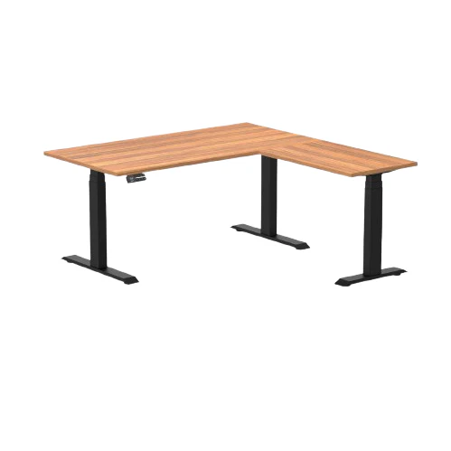 Desky Eco L-Shape Melamine Sit Stand Desk 150 x 155 cm Prime Oak Top and Matte Black Leg