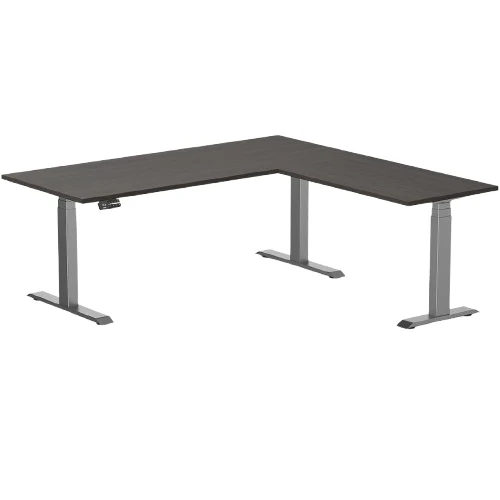 Desky Eco L-Shape Melamine Sit Stand Desk 180 x 175 cm Burnished Wood Top and Space Grey Leg