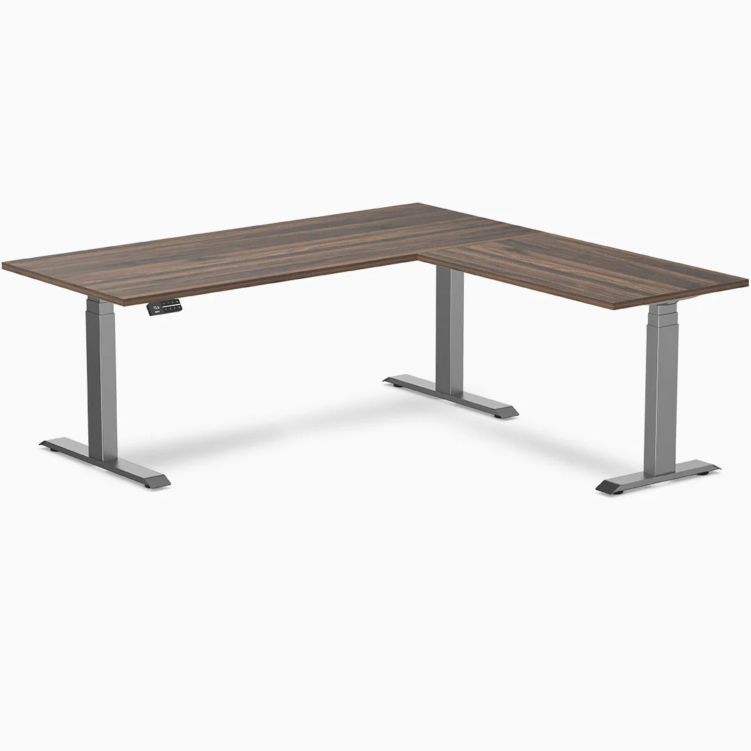 Desky Eco L-Shape Melamine Sit Stand Desk 180 x 175 cm Jarrah Legno Top and Space Grey Leg - Image 3