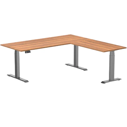 Desky Eco L-Shape Melamine Sit Stand Desk 180 x 175 cm Prime Oak Top and Space Grey Leg