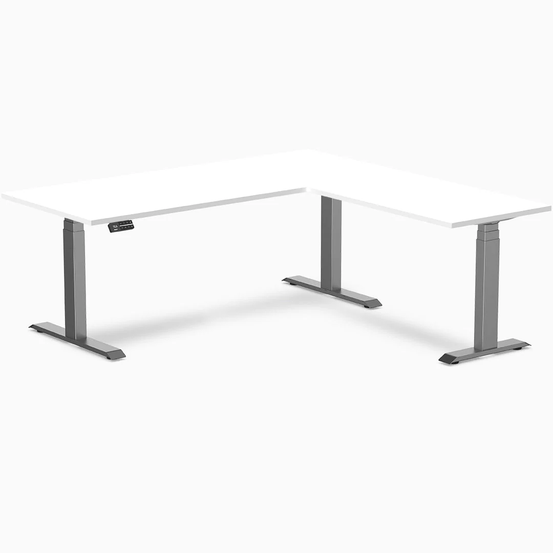 Desky Eco L-Shape Melamine Sit Stand Desk 180 x 175 cm White Top and Space Grey Leg