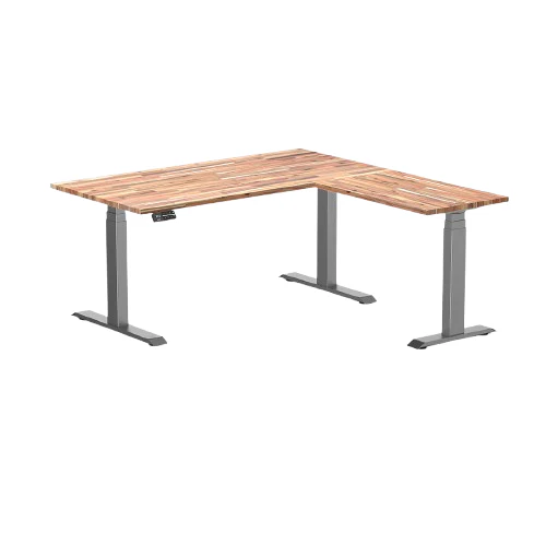 Desky Hardwood L-Shape Sit Stand Desk 150 x 155 cm Acacia Top and White Leg