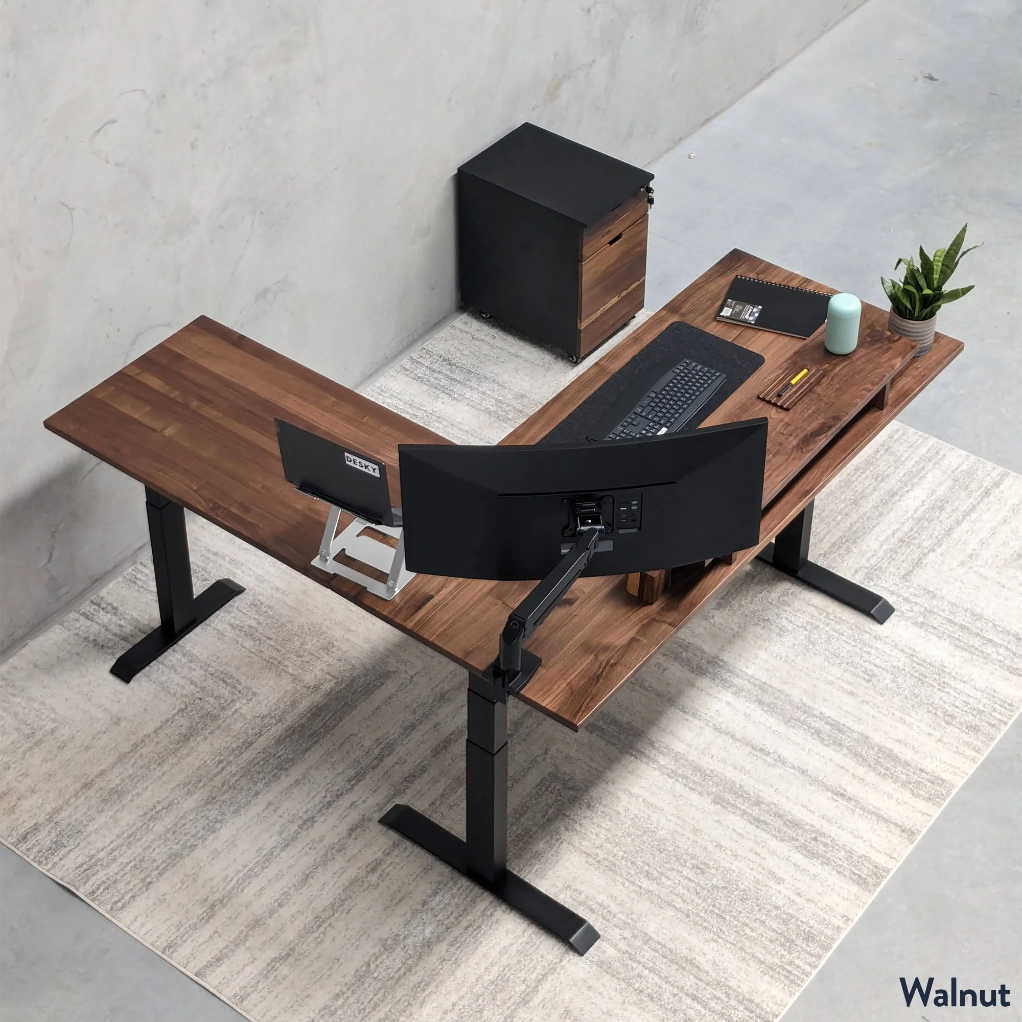 Desky Hardwood L-Shape Sit Stand Desk 150 x 155 cm Acacia Top and White Leg - Image 2