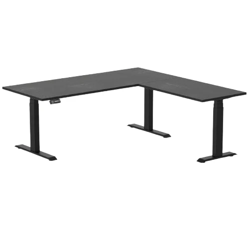 Desky Hardwood L-Shape Sit Stand Desk 180 x 175 cm Black Ash Top and Matte Black Leg