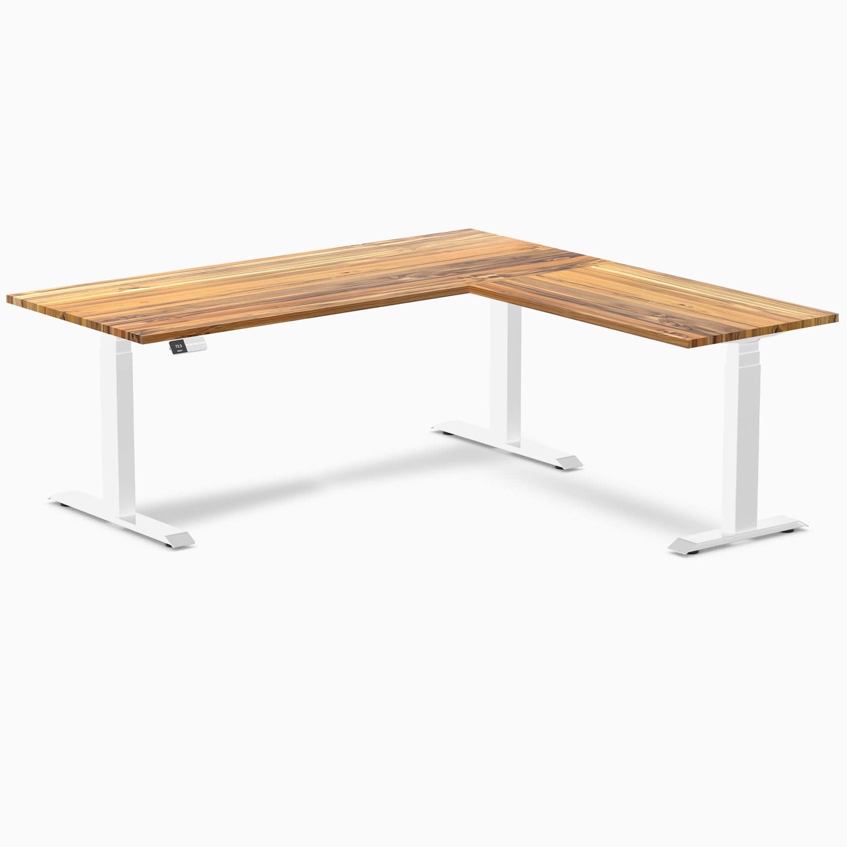 Desky Hardwood L-Shape Sit Stand Desk 180 x 175 cm Teak Top and White Leg