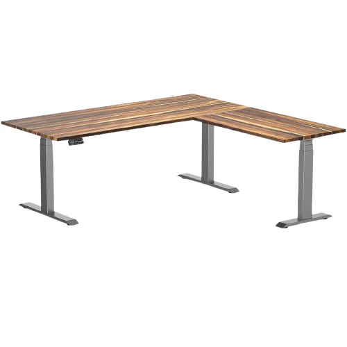Desky Hardwood L-Shape Sit Stand Desk 180x175cm Pheasantwood and Space Grey Leg