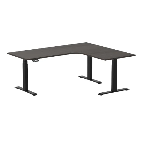 Desky L-Shape Melamine Sit Stand Desk 180cm - Left Return Burnished Wood Top and Matte Black Leg