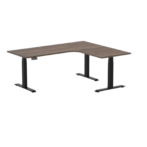 Desky L-Shape Melamine Sit Stand Desk 180cm - Left Return Jarrah Legno Top and Matte Black Leg