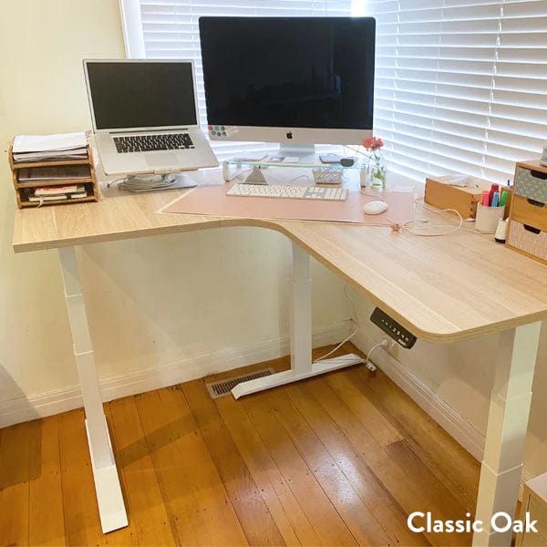 Desky L-Shape Melamine Sit Stand Desk 180cm - Right Return Classic Oak Top and Space Grey Leg - Image 2