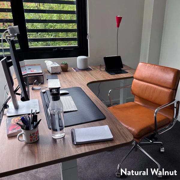 Desky L-Shape Melamine Sit Stand Desk 200cm - Left Return Natural Walnut Top and White Leg - Image 2