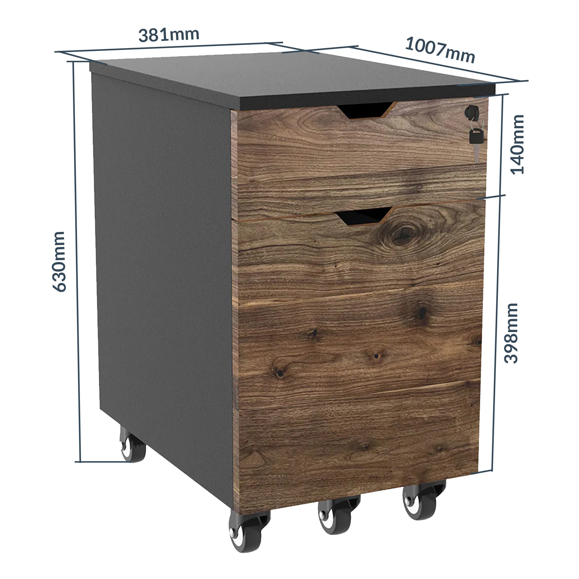 Desky Minimal Wooden Filing Cabinet - Black / Saman Hardwood - Image 3