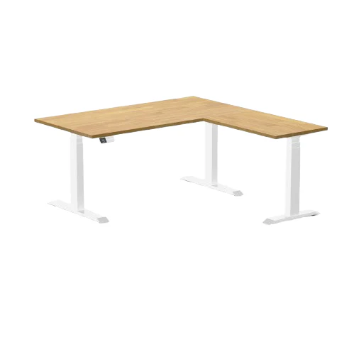 Desky Rubberwood L-Shape Sit Stand Desk 150 x 155 cm Light Oak Top and White Leg