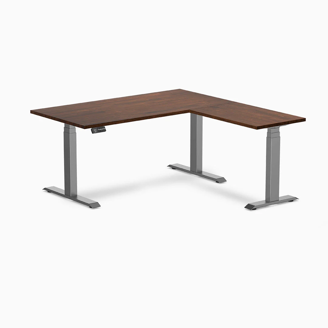 Desky Rubberwood L-Shape Sit Stand Desk 150 x 155 cm Red Walnut Top and Space Grey Leg - Image 3