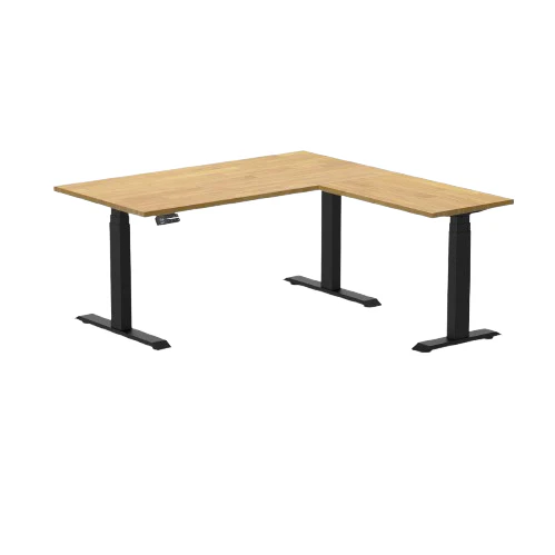 Desky Rubberwood L-Shape Sit Stand Desk 180 x 175 cm Light Oak Top and Matte Black Leg