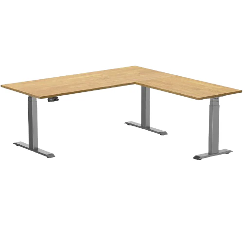 Desky Rubberwood L-Shape Sit Stand Desk 180 x 175 cm Light Oak Top and Space Grey Leg