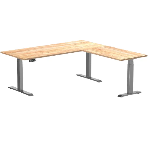 Desky Rubberwood L-Shape Sit Stand Desk 180 x 175 cm Natural Timber Top and Space Grey Leg