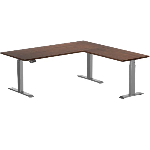 Desky Rubberwood L-Shape Sit Stand Desk 180 x 175 cm Red Walnut Top and Space Grey Leg