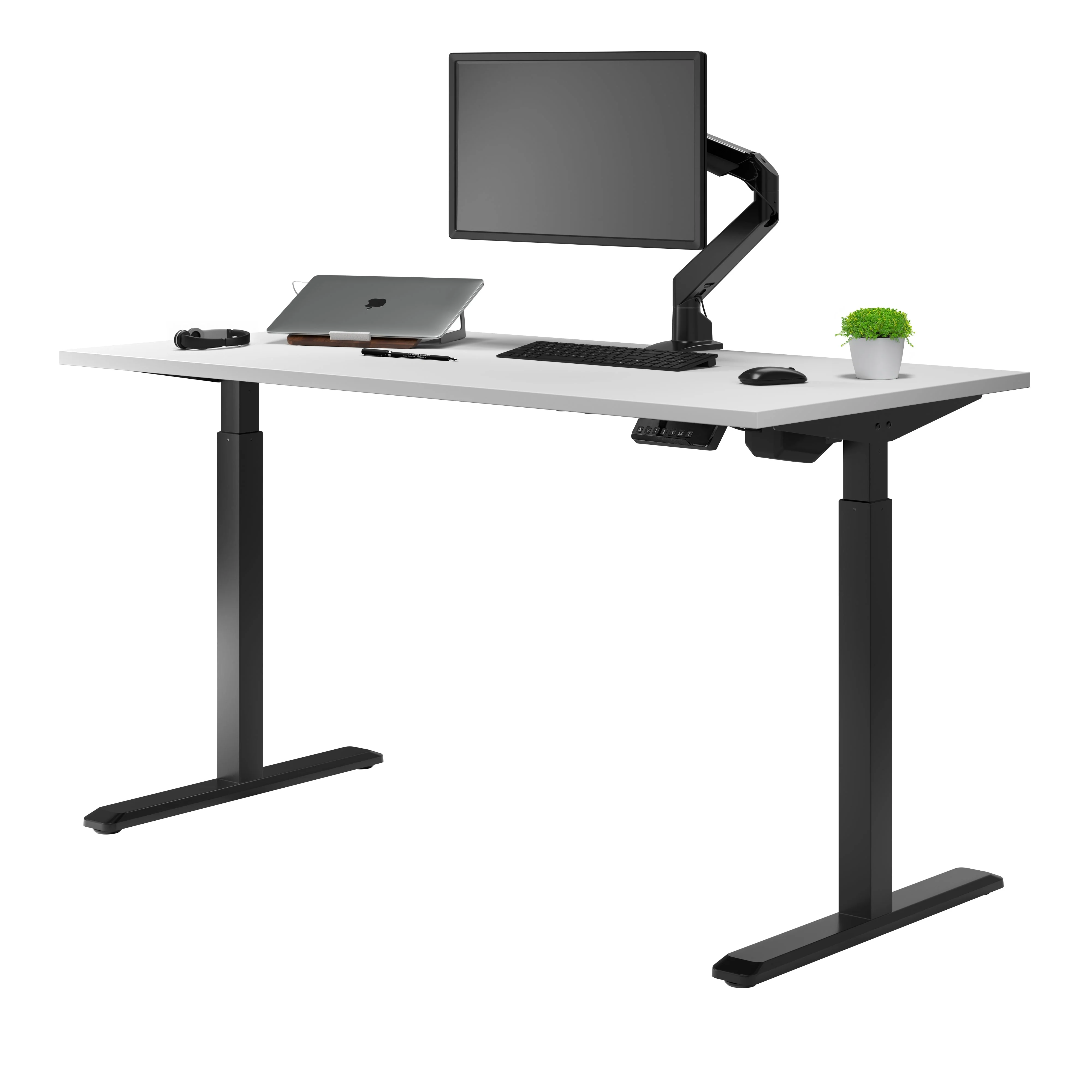 Desky Single Sit Stand Gaming Desk 150cm White Desktop and Black Frame