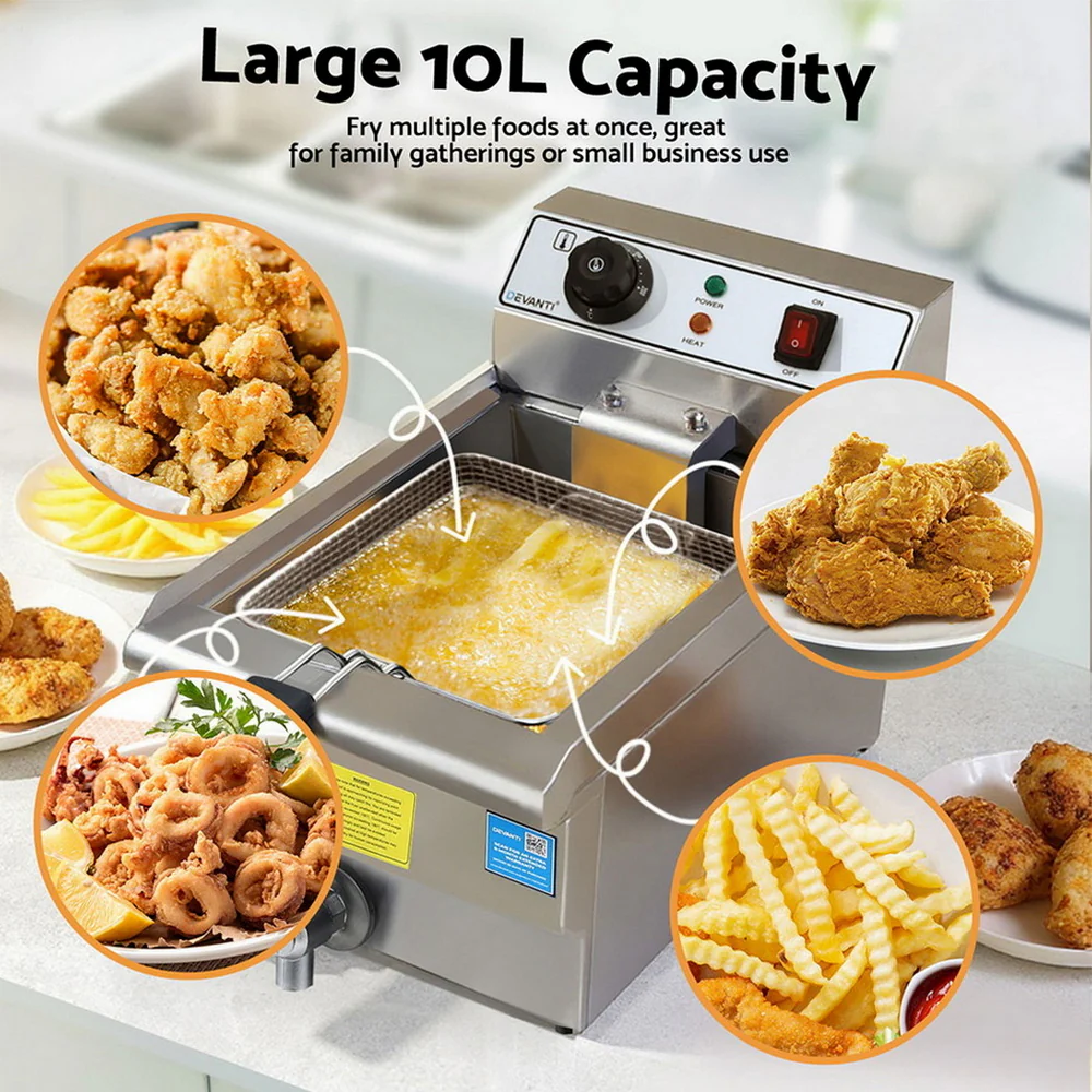 Devanti 3000W Electric Deep Fryer 10L Stainless Steel Fryer w/ Basket & Lid - Image 4