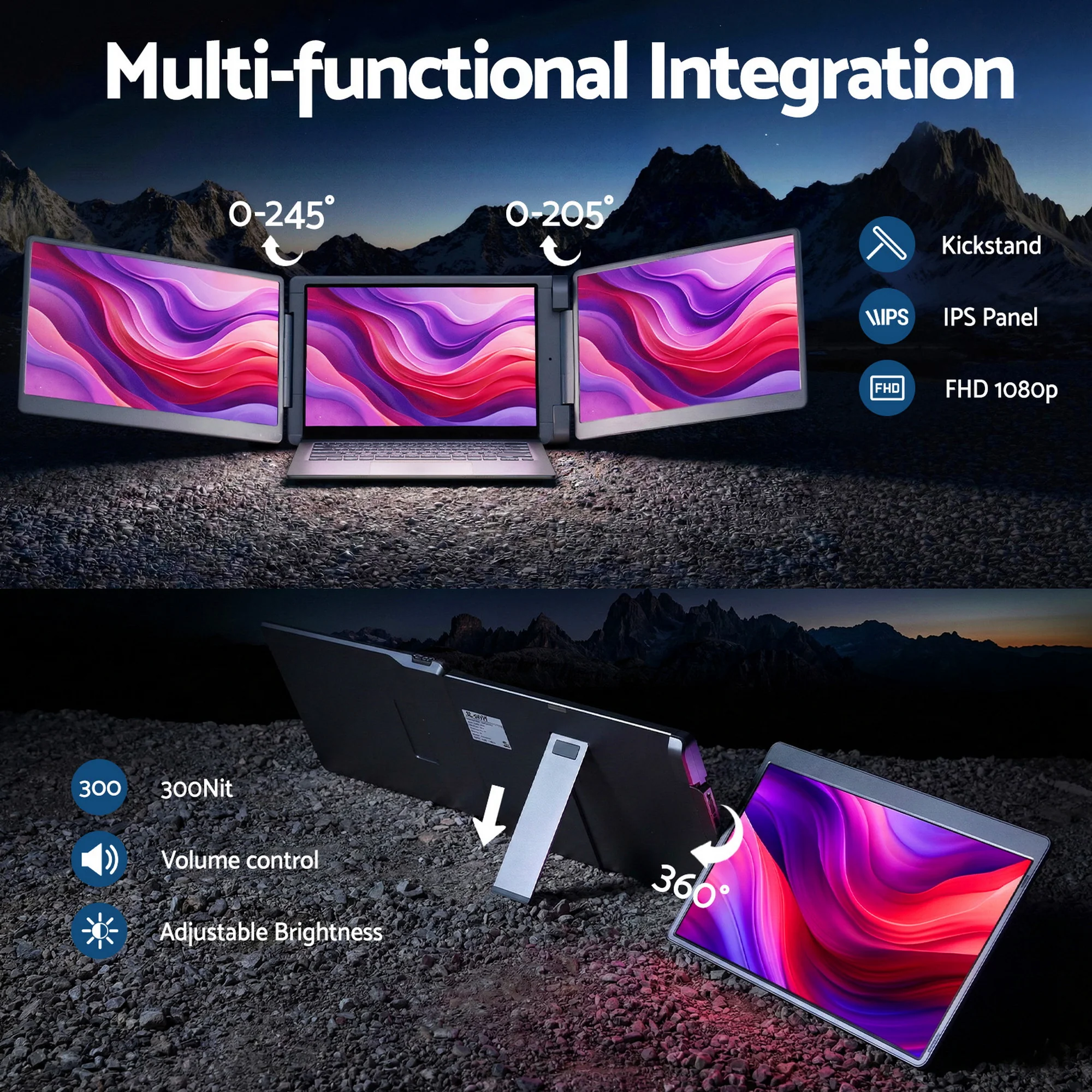Devanti Triple Portable Monitor Laptop Screen Extender 15.6" Dual Display FHD IPS - Image 5