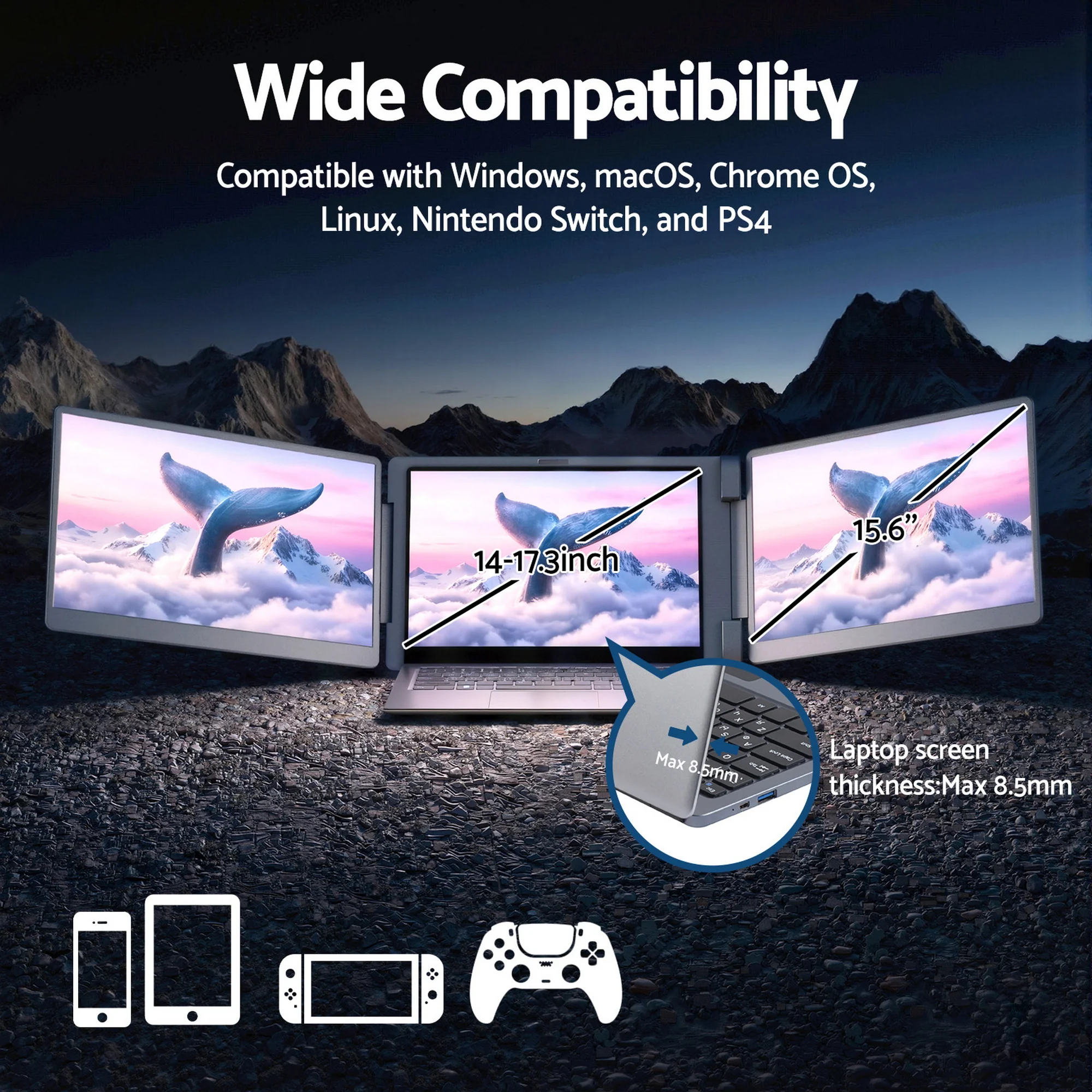 Devanti Triple Portable Monitor Laptop Screen Extender 15.6" Dual Display FHD IPS - Image 7